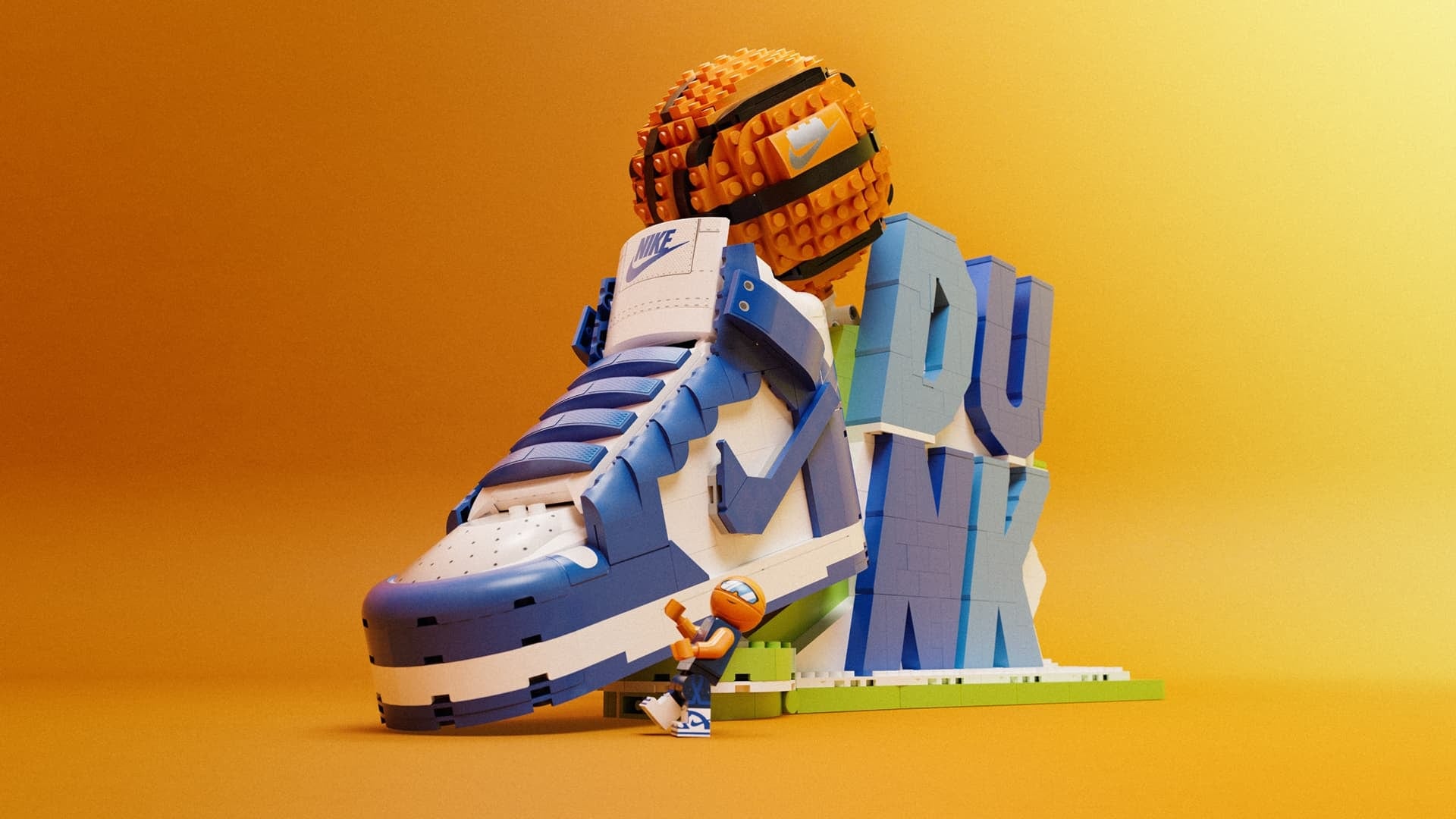 Caja del set LEGO 43008 con una zapatilla Dunk High armada con bloques LEGO y una minifigura exclusiva