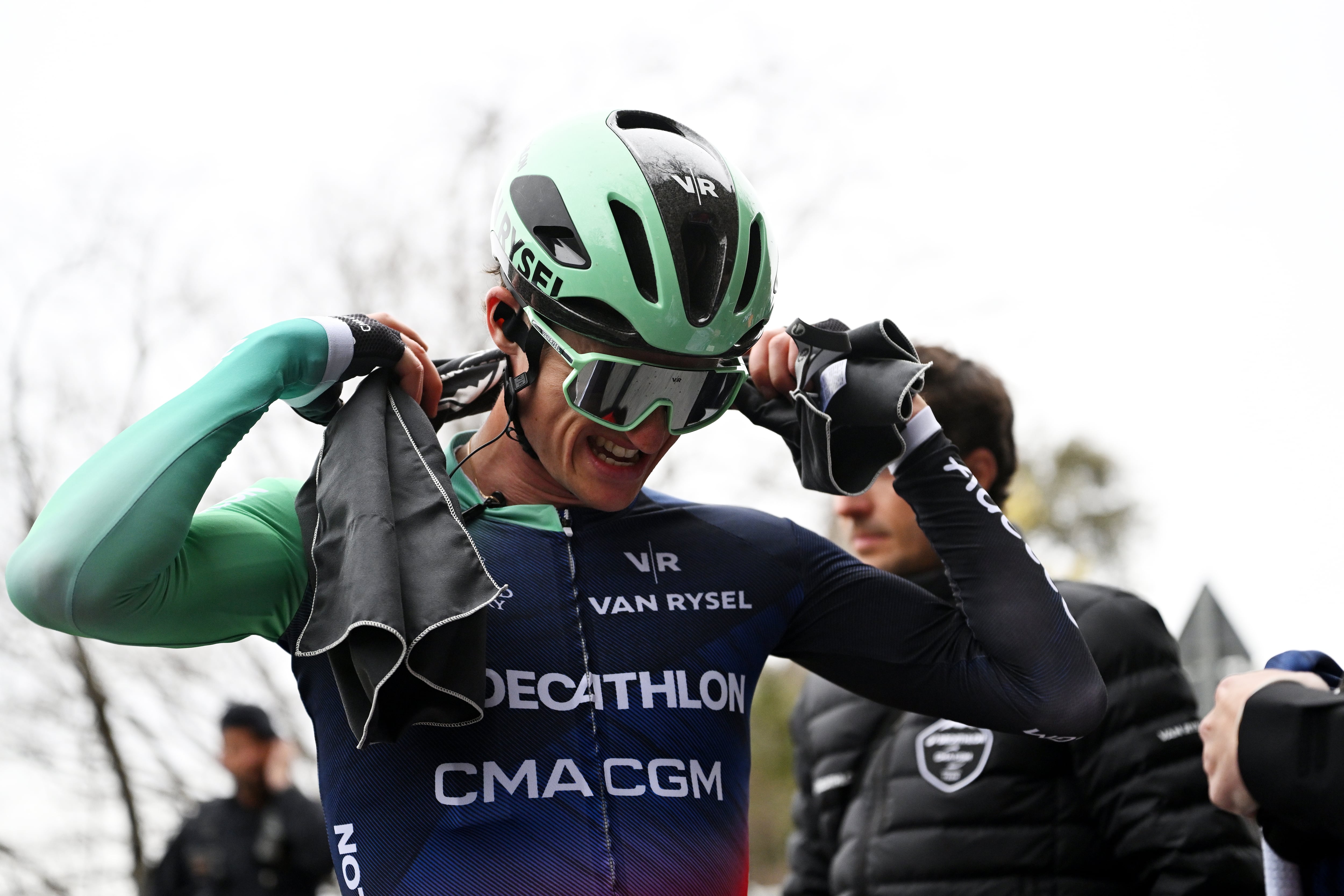QUERALT, SPAIN - MARCH 28: Felix Gall of Austria and Team Decathlon CMA CGM reacts after the 105th Volta a Catalunya 2026, Stage 6 a 158.2km stage from La Berga to Queralt 1133m / #UCIWT / on March 28, 2026 in Queralt, Spain. (Photo by Szymon Gruchalski/Getty Images)