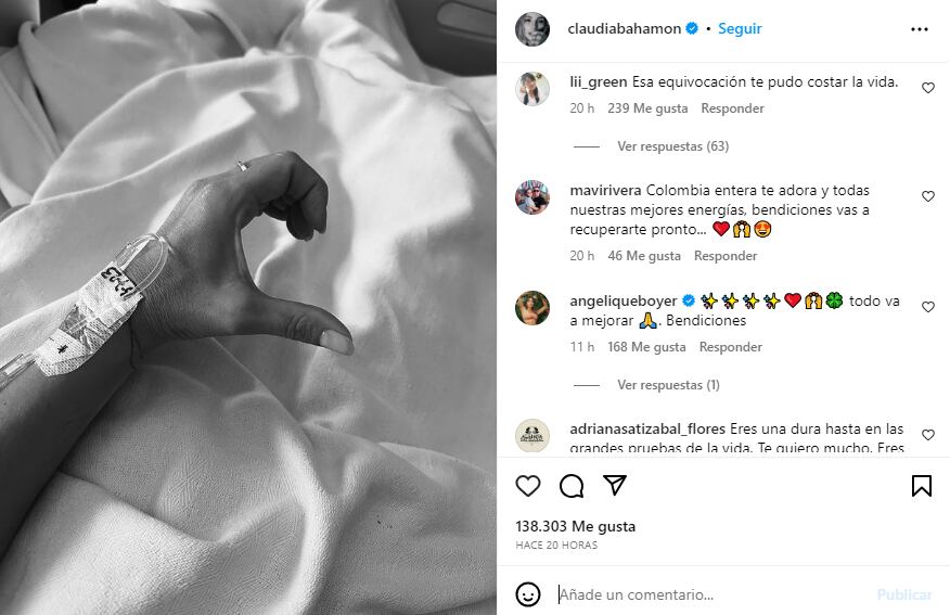 Los seguidores de Claudia Bahamón en redes sociales le han expresado sus buenos deseos para una pronta recuperación.