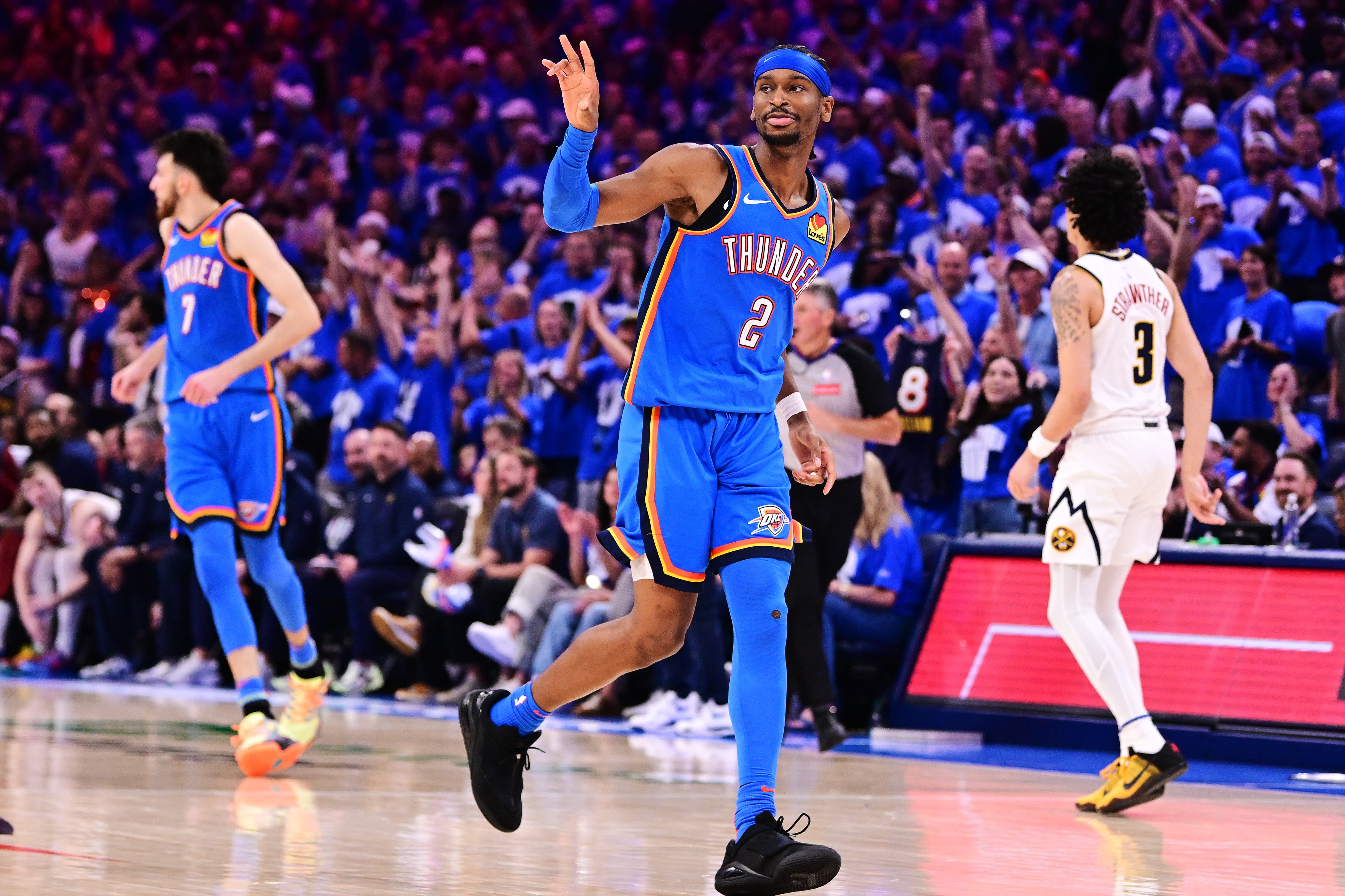 OKLAHOMA CITY, OKLAHOMA - MAY 18: Shai Gilgeous-Alexander #2 of the Oklahoma City Thunder reacts after scoring during the fourth quarter of a game against the Denver Nuggets in Game Seven of the Western Conference Second Round NBA Playoffs at Paycom Center on May 18, 2025 in Oklahoma City, Oklahoma. NOTE TO USER: User expressly acknowledges and agrees that, by downloading and or using this photograph, User is consenting to the terms and conditions of the Getty Images License Agreement. (Photo by Joshua Gateley/Getty Images)