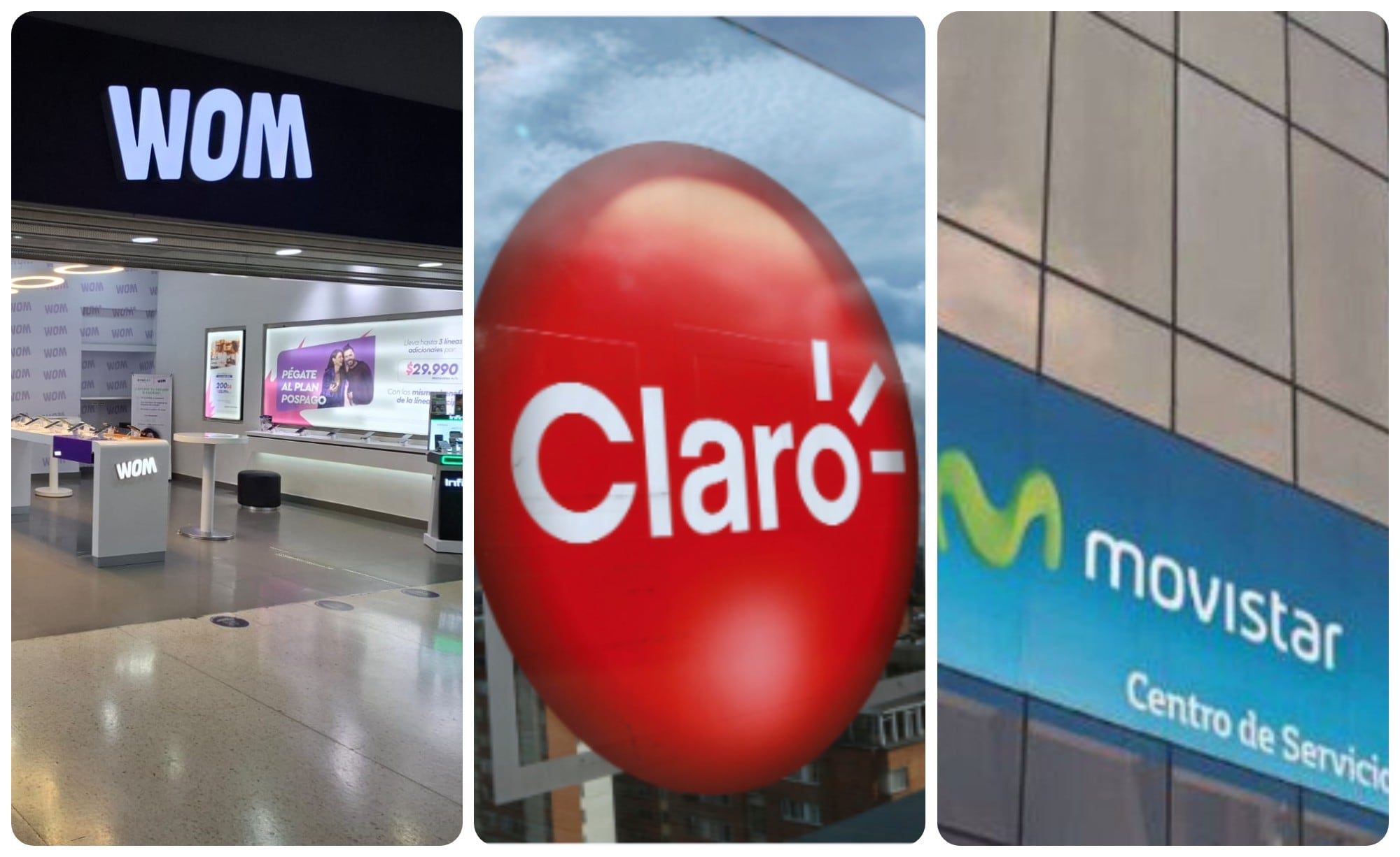 Wom, Claro y Movistar, operadoras colombianas.