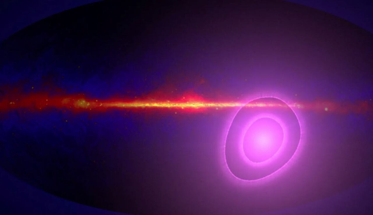 El concepto de este artista muestra todo el cielo en rayos gamma con círculos magenta que ilustran la incertidumbre en la dirección desde la cual parecen llegar más rayos gamma de alta energía que el promedio
