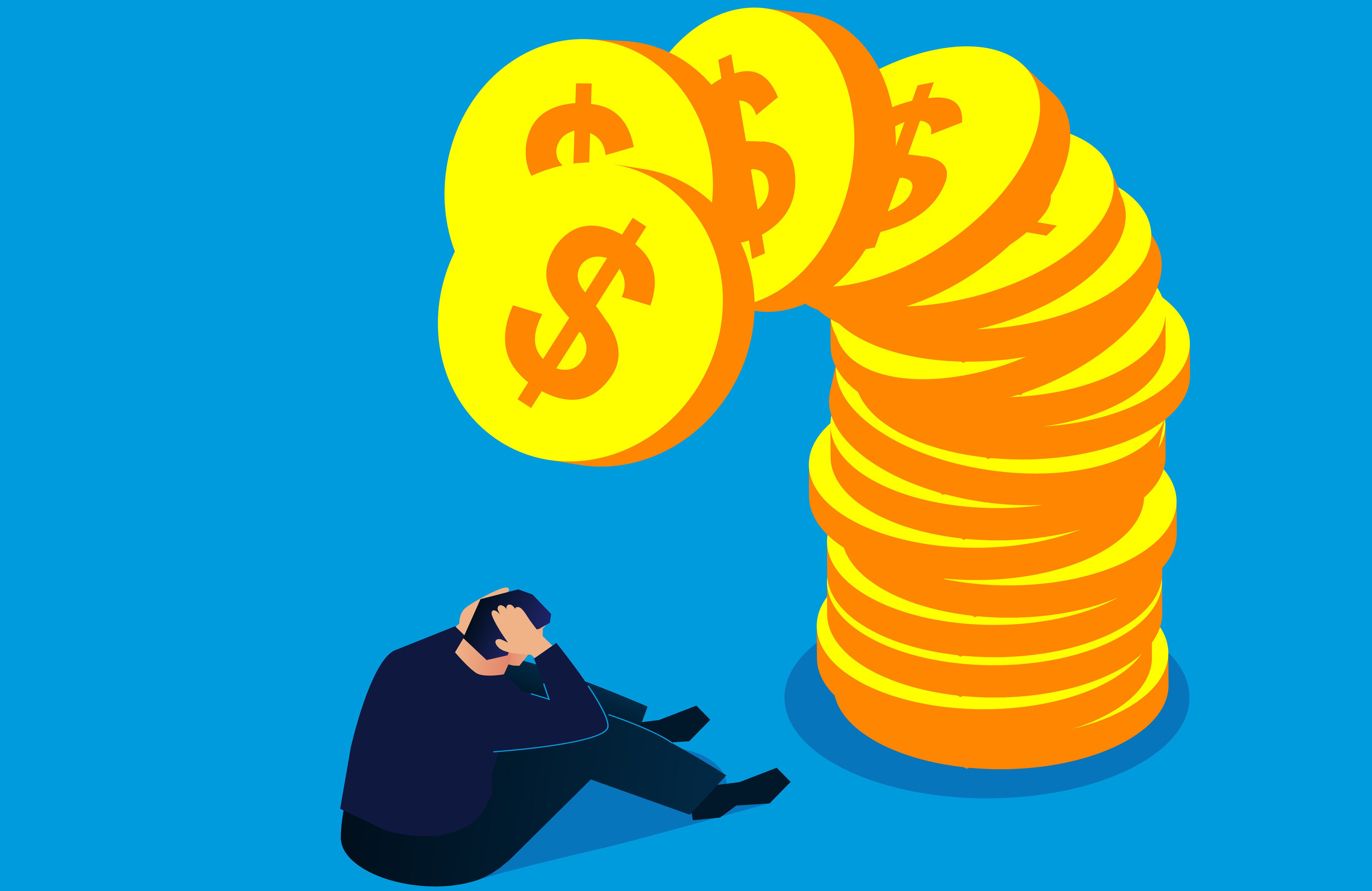 Bankruptcy concept, isometric suffering businessman sitting under collapsed pile of gold coins