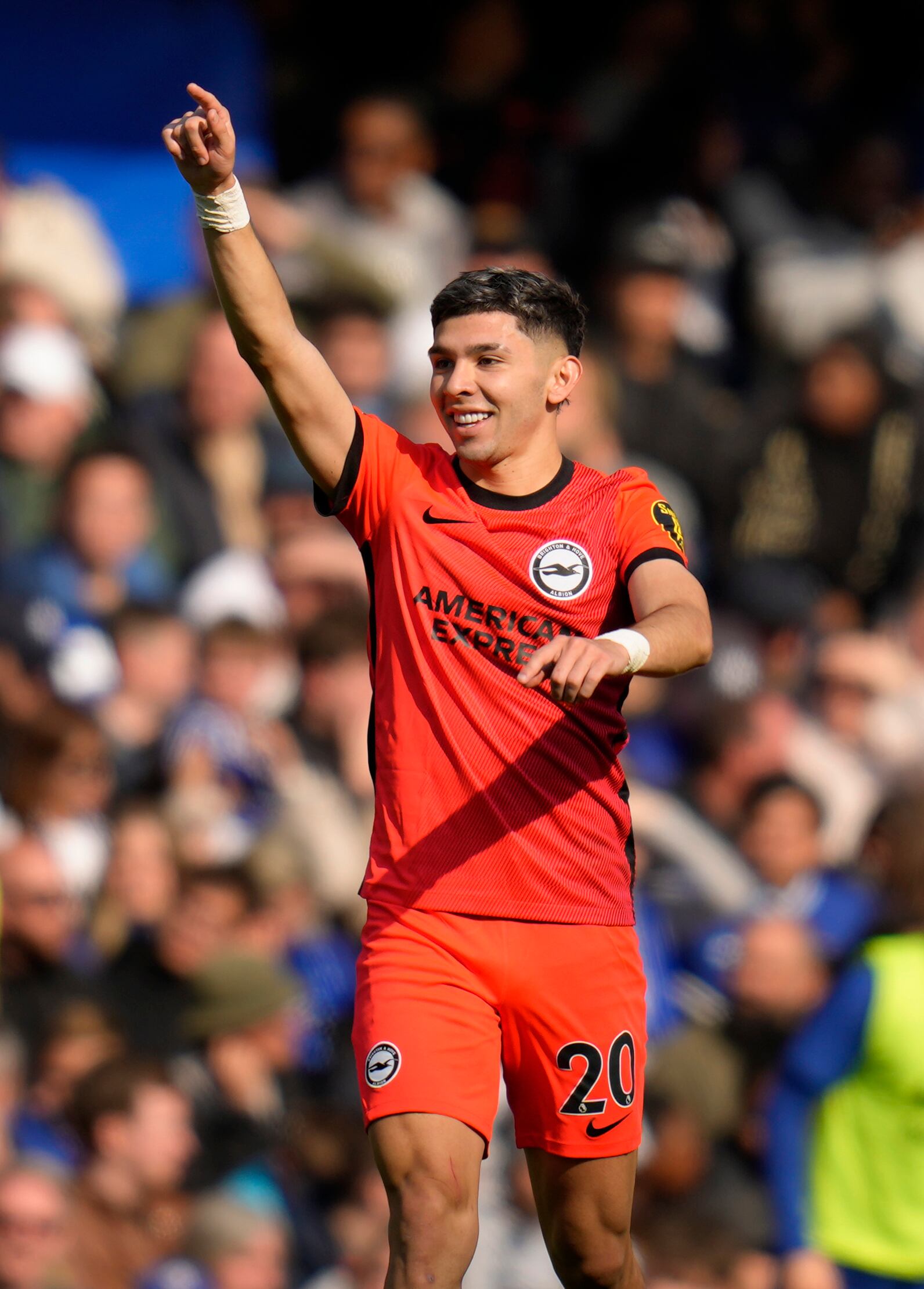 Brighton's Julio Enciso celebrates after scoring his side's second goal during the English Premier League soccer match between Chelsea and Brighton and Hove Albion at Stamford Bridge stadium in London, Saturday, April 15, 2023. (AP Photo/Kirsty Wigglesworth)