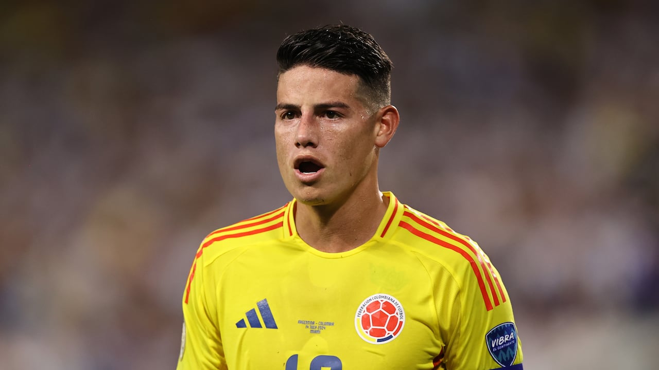 MIAMI GARDENS, FLORIDA - JULY 14: James Rodriguez of Colombia gestures during the CONMEBOL Copa America 2024 Final match between Argentina and Colombia at Hard Rock Stadium on July 14, 2024 in Miami Gardens, Florida. (Photo by Omar Vega/Getty Images)