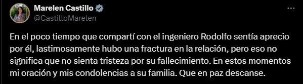 La representante a la Cámara Marelen Castillo lamentó la muerte del excandidato a la Presidencia Rodolfo Hernández.
