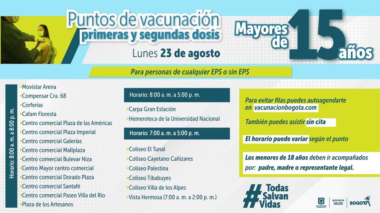 ¡Ojo! Estos serán los puntos de vacunación contra el coronavirus para mayores de 15 años en Bogotá