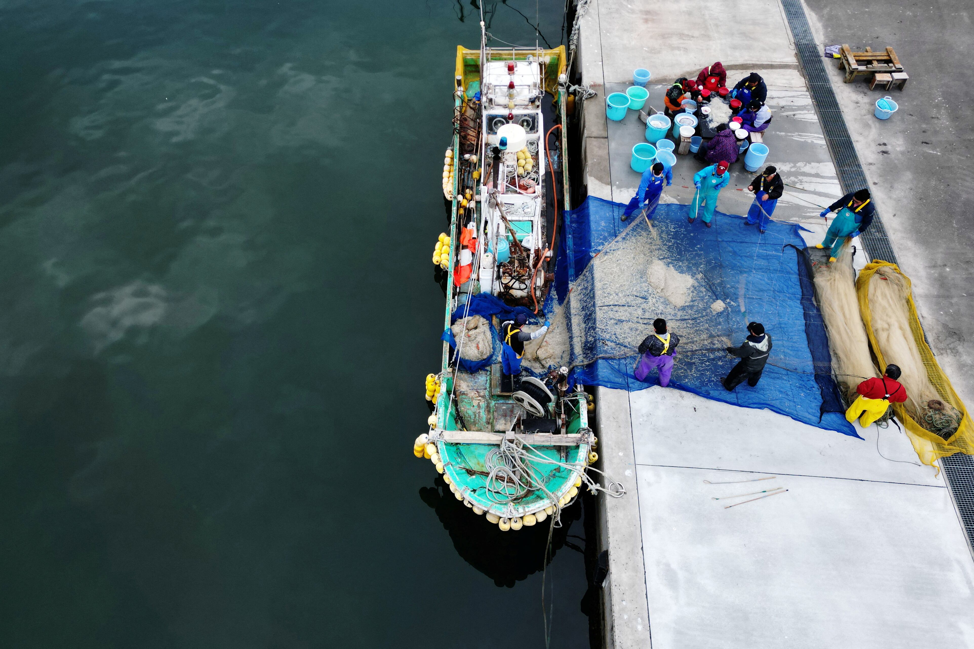 Pescadores lavan fideos para venderlos más tarde, en el puerto pesquero de Tsurishihama en Shinchimachi, a unos 55 km de la planta de energía nuclear inhabilitada Fukushima Dai-ichi, en la prefectura de Fukushima, Japón
