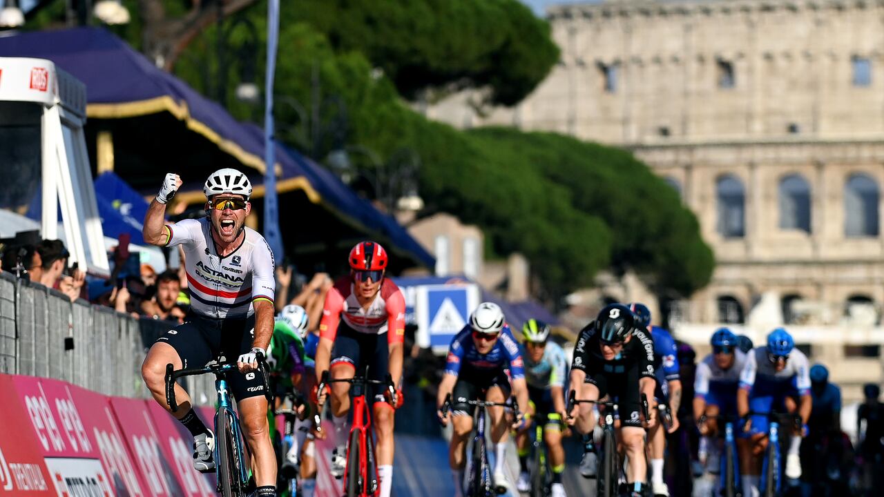 ROME, ITALY - MAY 28: lMark Cavendish of The United Kingdom and Astana Qazaqstan Team celebrates at finish line as stage winner ahead of Alex Kirsch of Luxembourg and Team Trek - Segafredo during the 106th Giro d'Italia 2023, Stage 21 a 126km stage from Rome to Rome / #UCIWT / on May 28, 2023 in Rome, Italy. (Photo by Tim de Waele/Getty Images)