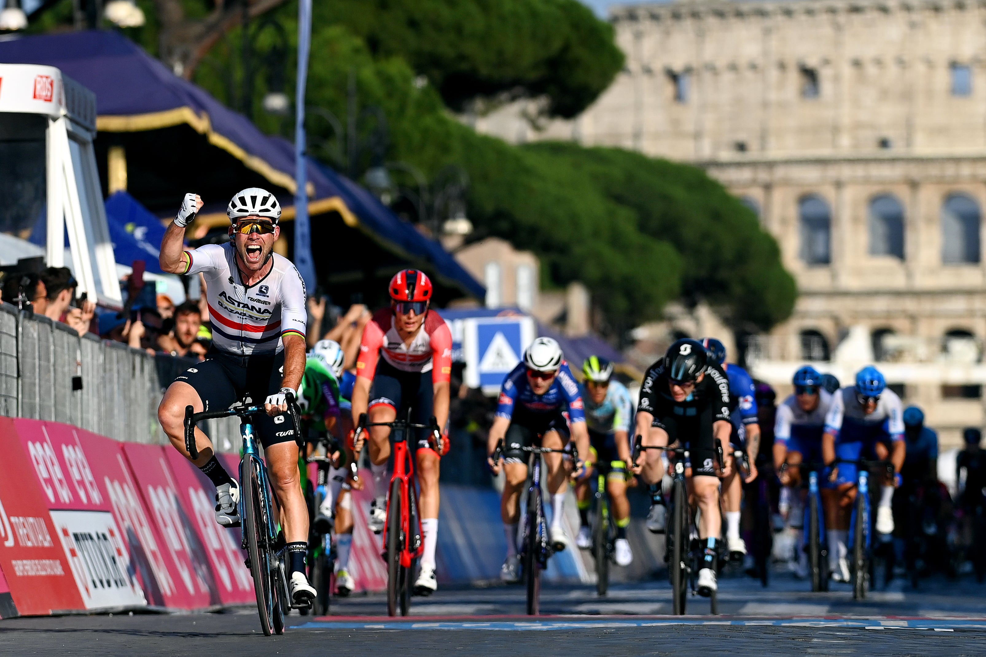 ROME, ITALY - MAY 28: lMark Cavendish of The United Kingdom and Astana Qazaqstan Team celebrates at finish line as stage winner ahead of Alex Kirsch of Luxembourg and Team Trek - Segafredo during the 106th Giro d'Italia 2023, Stage 21 a 126km stage from Rome to Rome / #UCIWT / on May 28, 2023 in Rome, Italy. (Photo by Tim de Waele/Getty Images)