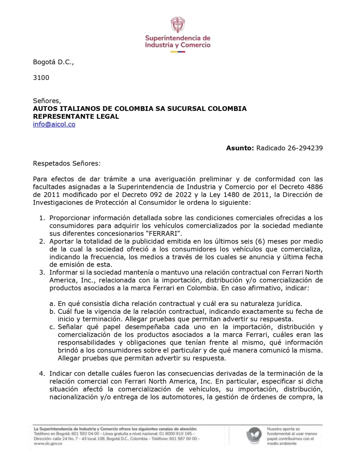 Documento por parte de la SIC solicitando información sobre el caso Ferrari en Colombia
