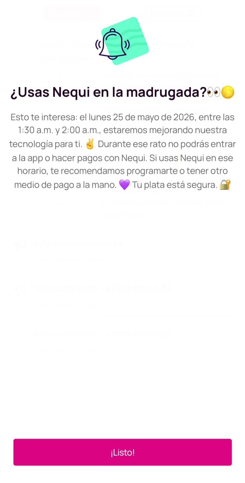 Anuncio mantenimiento Nequi.