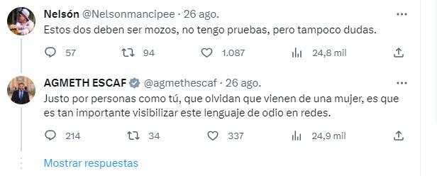 Respuesta de Agmeth Escaf a un usuario de X.