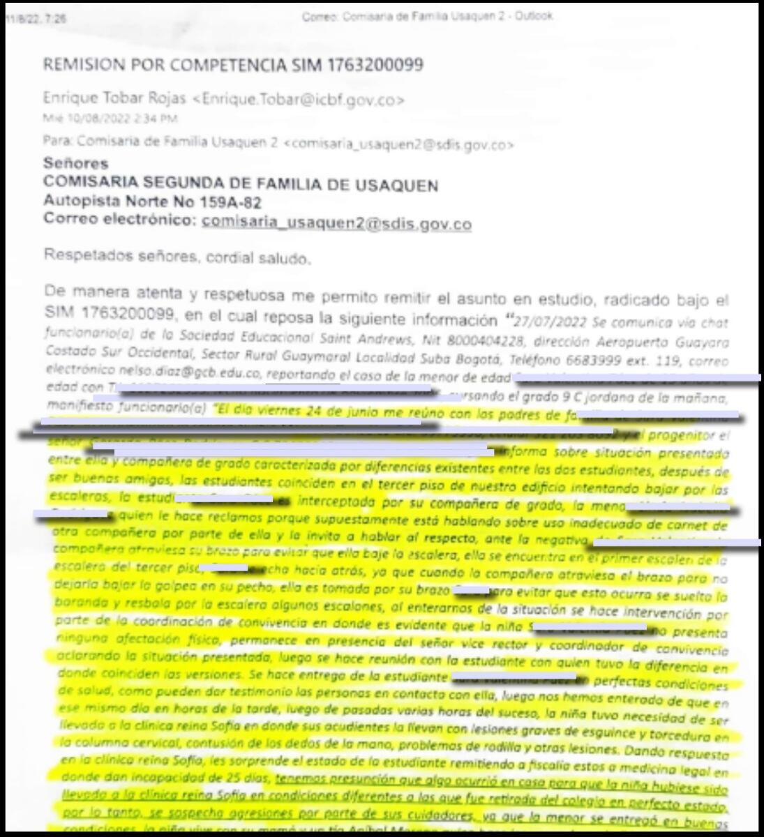 Denuncia en comisaría segunda de familia en Usaquén.