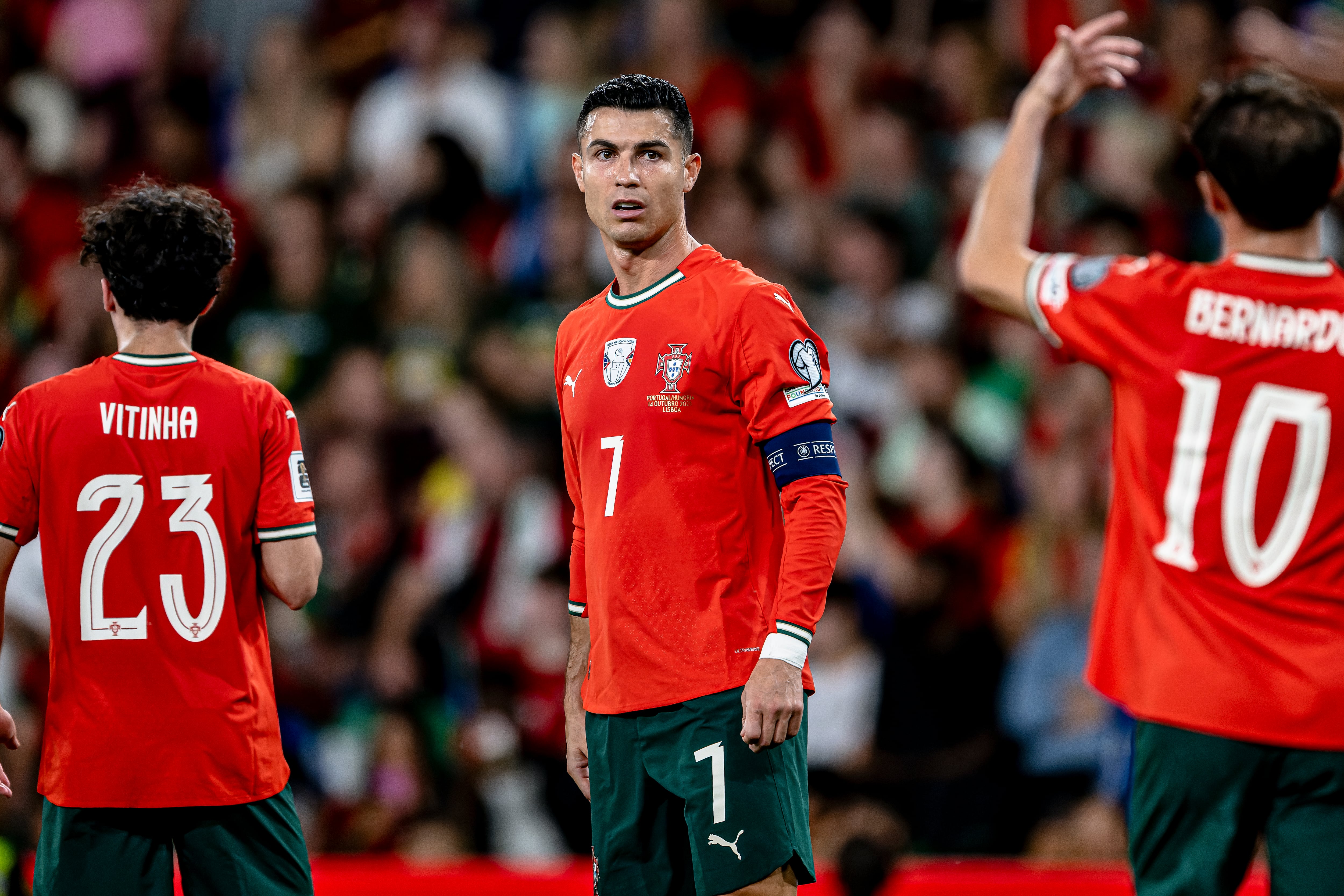 Portugal forward Cristiano Ronaldo plays during the match between Portugal and Hungary at the Estadio Jose Alvalade for the FIFA World Cup 2026 UEFA Qualifiers - Group F - Matchday 4 season 2025-2026 in Lisbon, Portugal, on October 14, 2025. (Photo by Stefan Koops/EYE4images/NurPhoto via Getty Images)