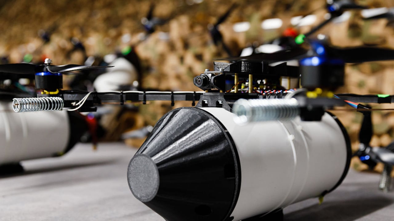 KYIV, UKRAINE - 2025/04/01: A batch of fibre optic First Person View (FPV) controlled drones are seen before being handed over to the Ukrainian armed forces. FPV drones equipped with fiber optics, offer key advantages over traditional UAVs. They drones are immune to electronic warfare (EW) systems, remain undetectable to enemy radio reconnaissance, ensure high-quality communication over long distances, and are not affected by the radio horizon. The first batch50 drones and 10 km of fiber opticshas already been delivered to the front lines. The drones were handed over to Ukrainian forces by Petro Poroshenko, leader of the European Solidarity party. According to him, the project began in the fall of 2023, and now these advanced drones will be operated by Ukraine's best specialists. Over the past three years, Poroshenko's team has been actively supporting the Ukrainian Armed Forces, investing in scientific research, manufacturing, and equipment procurement. More than 70,000 FPV drones have already been sent to the front, along with Ai-Petri strike complexes, Poseidon UAVs, vehicles, trucks, mobile laundry and shower units, grenade launchers, and much more. Now, this arsenal is being expanded with revolutionary fiber-optic drones that could change the course of the war. (Photo by Mykhaylo Palinchak/SOPA Images/LightRocket via Getty Images)