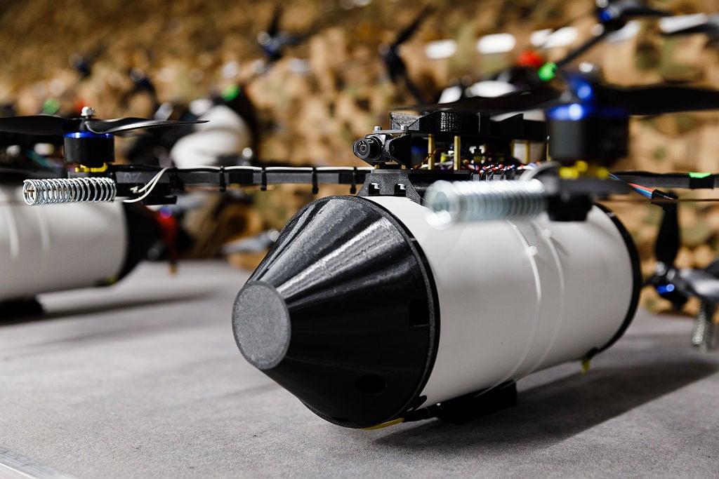 KYIV, UKRAINE - 2025/04/01: A batch of fibre optic First Person View (FPV) controlled drones are seen before being handed over to the Ukrainian armed forces. FPV drones equipped with fiber optics, offer key advantages over traditional UAVs. They drones are immune to electronic warfare (EW) systems, remain undetectable to enemy radio reconnaissance, ensure high-quality communication over long distances, and are not affected by the radio horizon. The first batch50 drones and 10 km of fiber opticshas already been delivered to the front lines. The drones were handed over to Ukrainian forces by Petro Poroshenko, leader of the European Solidarity party. According to him, the project began in the fall of 2023, and now these advanced drones will be operated by Ukraine's best specialists. Over the past three years, Poroshenko's team has been actively supporting the Ukrainian Armed Forces, investing in scientific research, manufacturing, and equipment procurement. More than 70,000 FPV drones have already been sent to the front, along with Ai-Petri strike complexes, Poseidon UAVs, vehicles, trucks, mobile laundry and shower units, grenade launchers, and much more. Now, this arsenal is being expanded with revolutionary fiber-optic drones that could change the course of the war. (Photo by Mykhaylo Palinchak/SOPA Images/LightRocket via Getty Images)