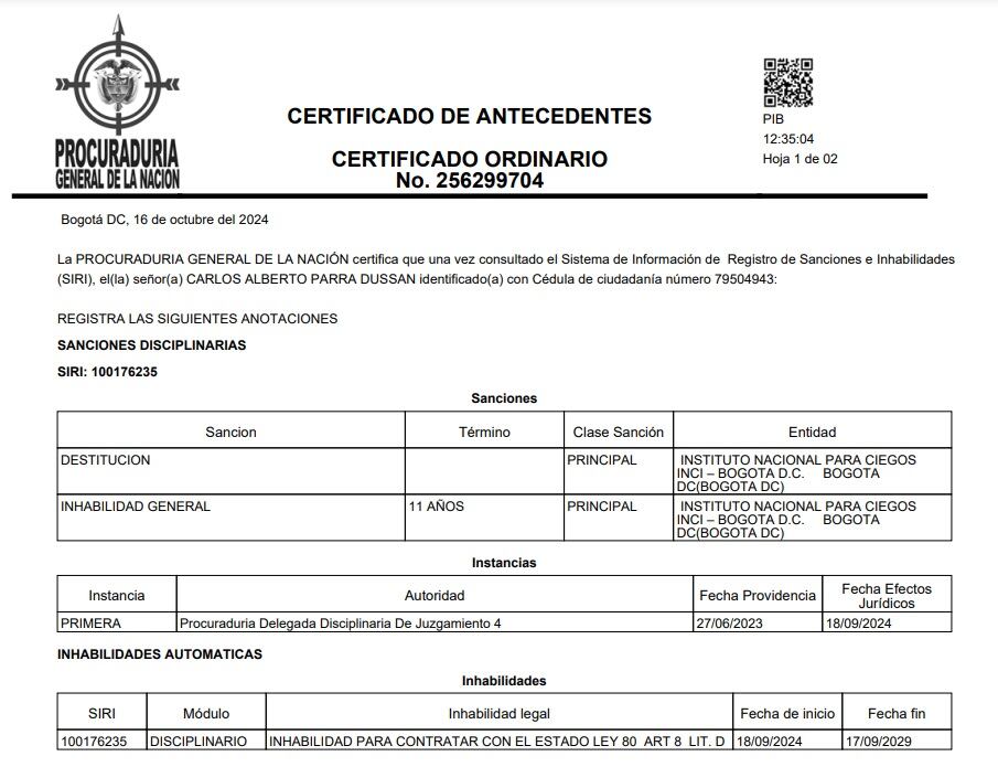 La Procuraduría confirmó la destitución e inhabilidad proferida contra el director del Instituto Nacional para Ciegos.