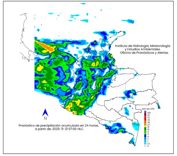 La escala de colores indica la cantidad de precipitación acumulada - viernes 20 de noviembre de 2025