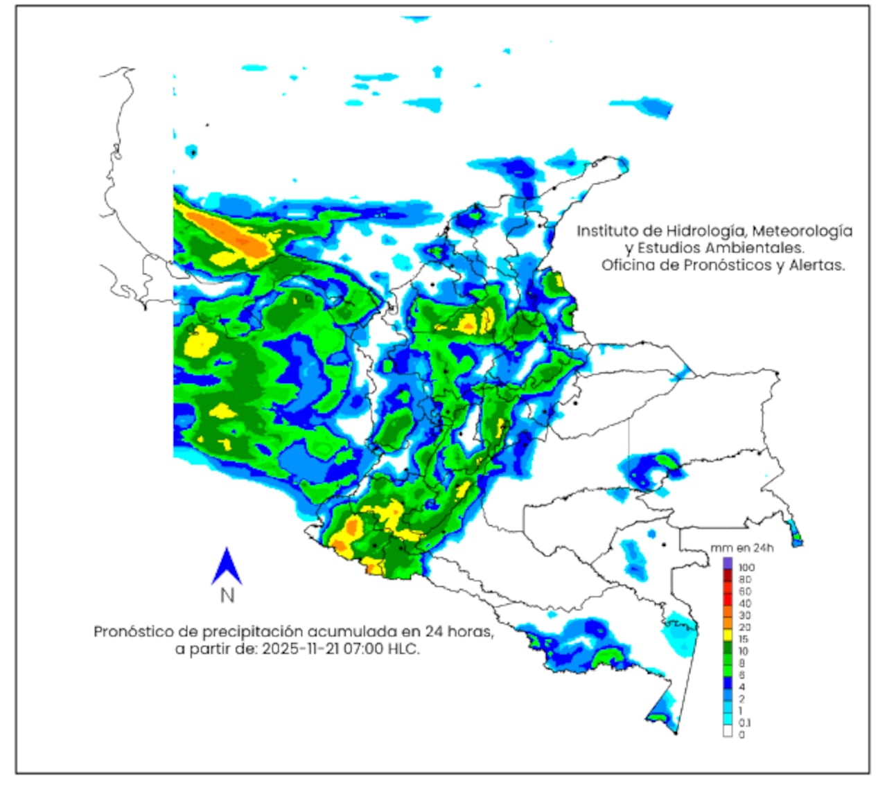La escala de colores indica la cantidad de precipitación acumulada - viernes 20 de noviembre de 2025