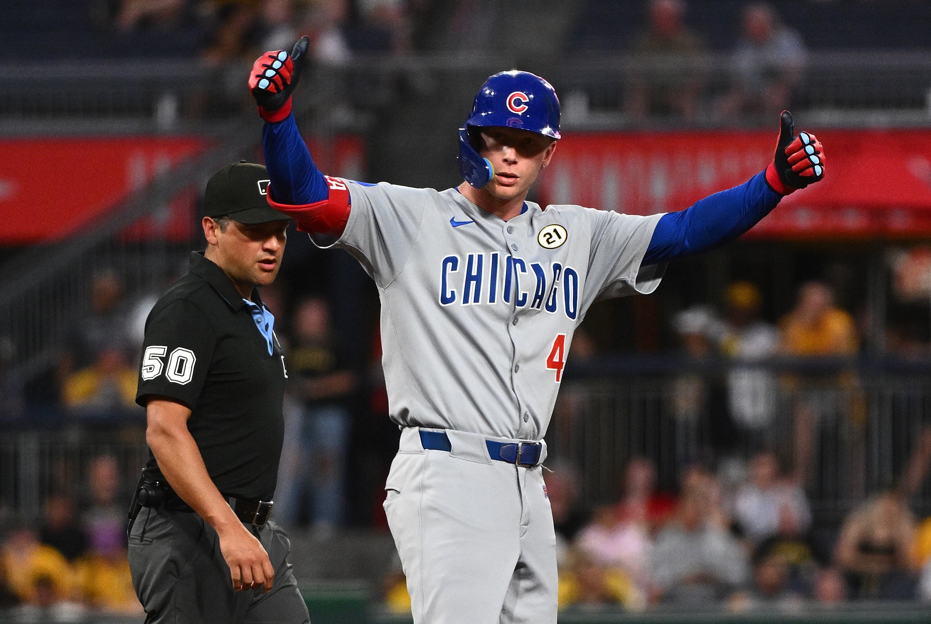 PITTSBURGH, PENNSYLVANIA - SEPTEMBER 15: Pete Crow-Armstrong #4 of the Chicago Cubs reacts at second base after hitting a double in the fourth inning against the Pittsburgh Pirates at PNC Park on September 15, 2025 in Pittsburgh, Pennsylvania. (Photo by Justin Berl/Getty Images)