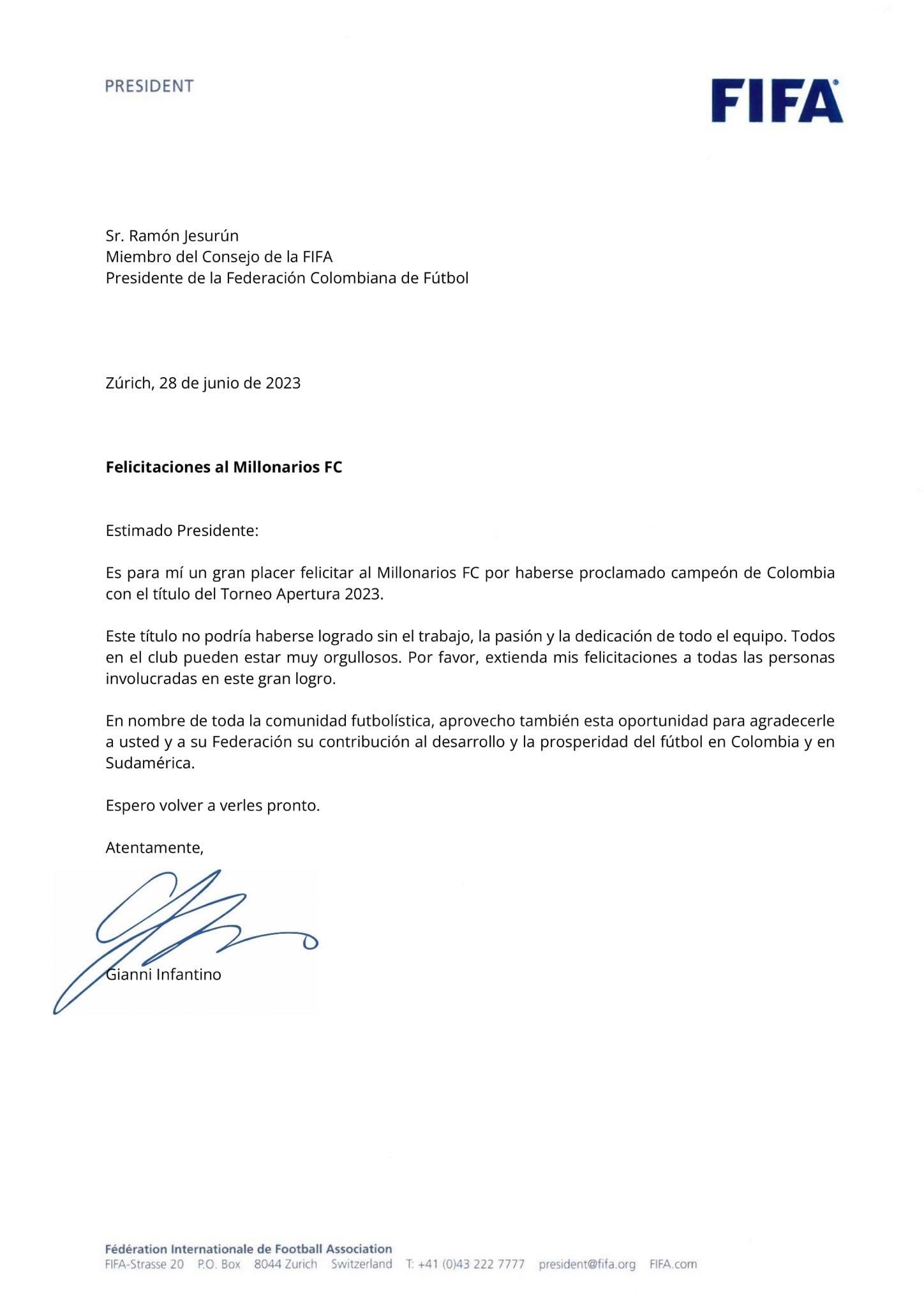 El presidente de la FIFA envió sus felicitaciones a Millonarios por el título de Liga BetPlay 2023-1