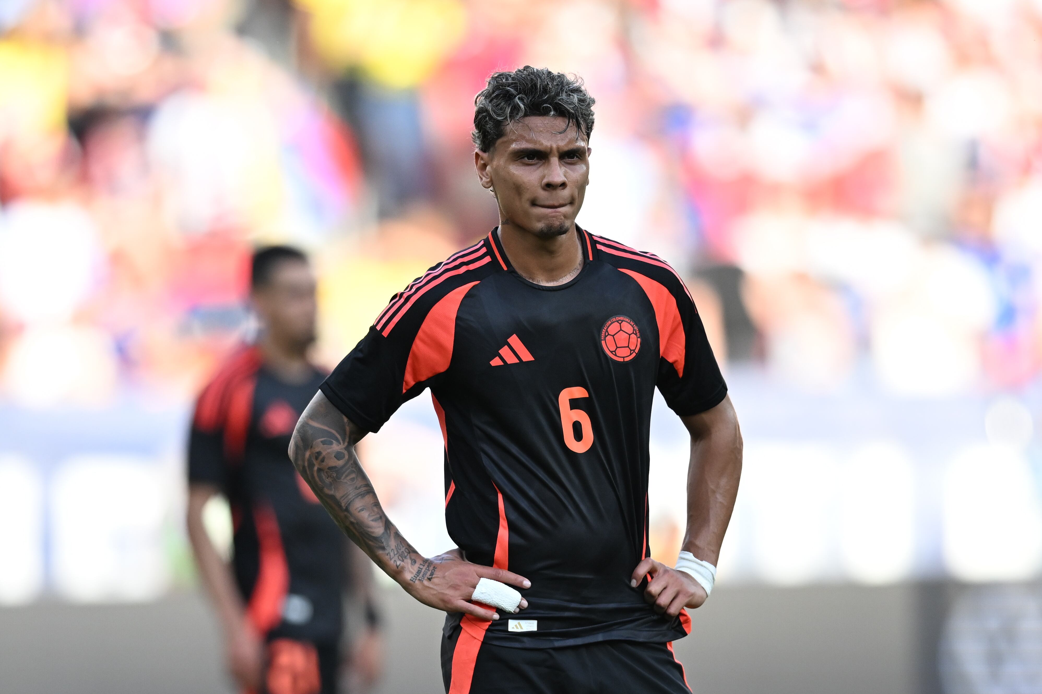 LANDOVER, MARYLAND - JUNE 8: Richard Rios #6 of Colombia looks downfield during the match between Colombia and USMNT at Commanders Field on June 8, 2024 in Landover, Maryland. (Photo by Stephen Nadler/ISI Photos/Getty Images)