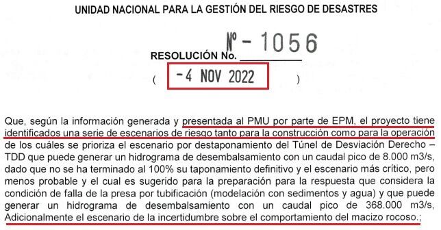 Gestión del Riesgo reportó riesgos en Hidroituango.