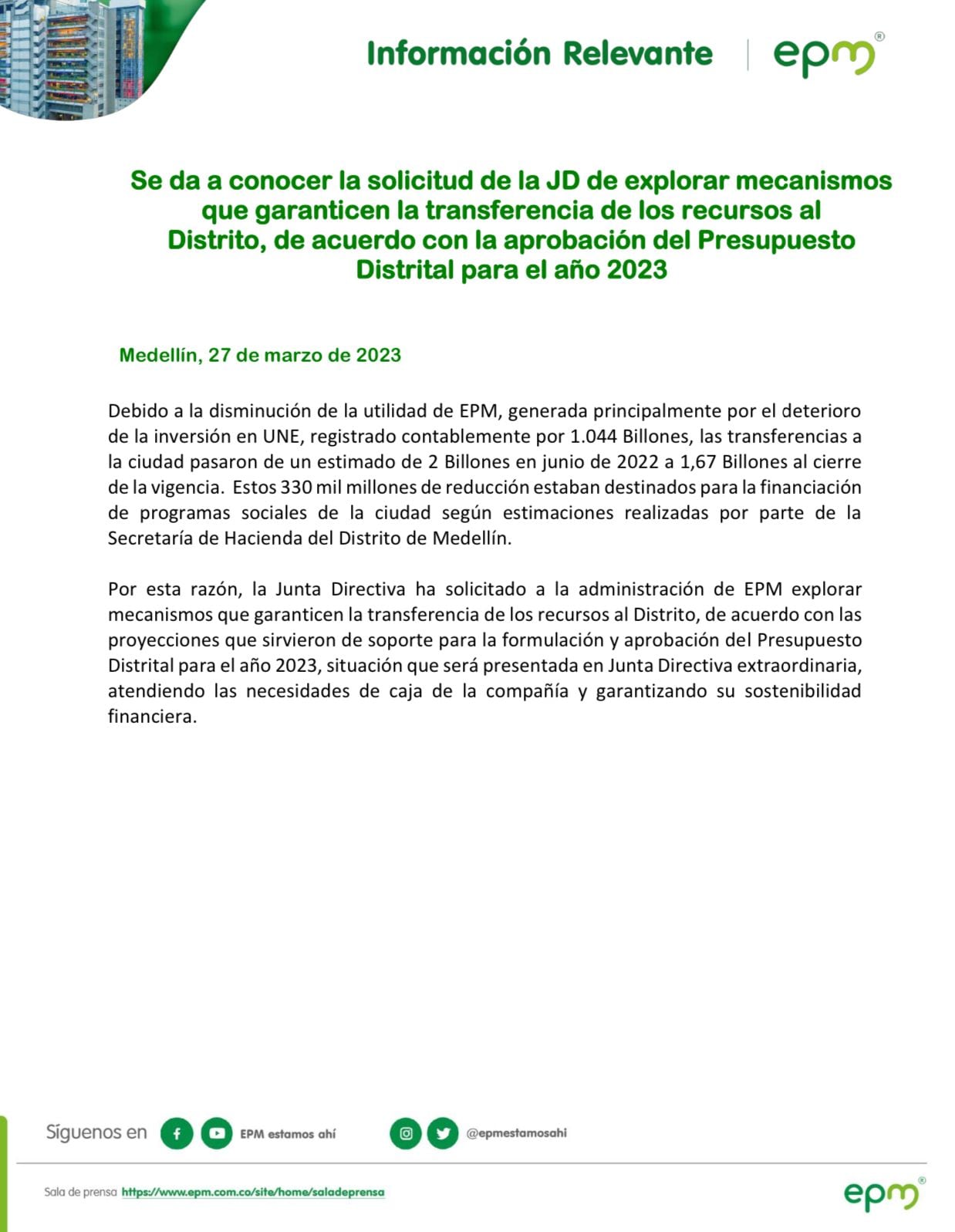 Comunicado de la Junta Directiva de EPM.