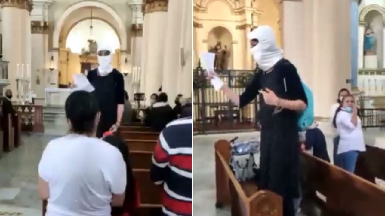 'Simona', la mujer encapuchada que irrumpió en la Catedral Primada de Bogotá. Foto: Captura de pantalla Twitter @EmelRojasC