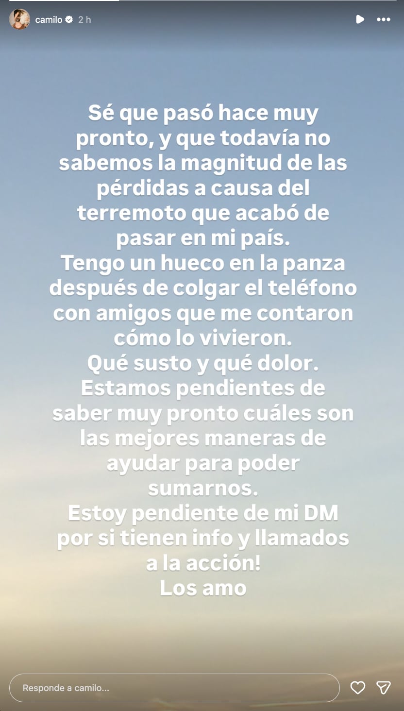 Camilo habló por terremoto en Colombia y puso a disposición por terremoto en Colombia.