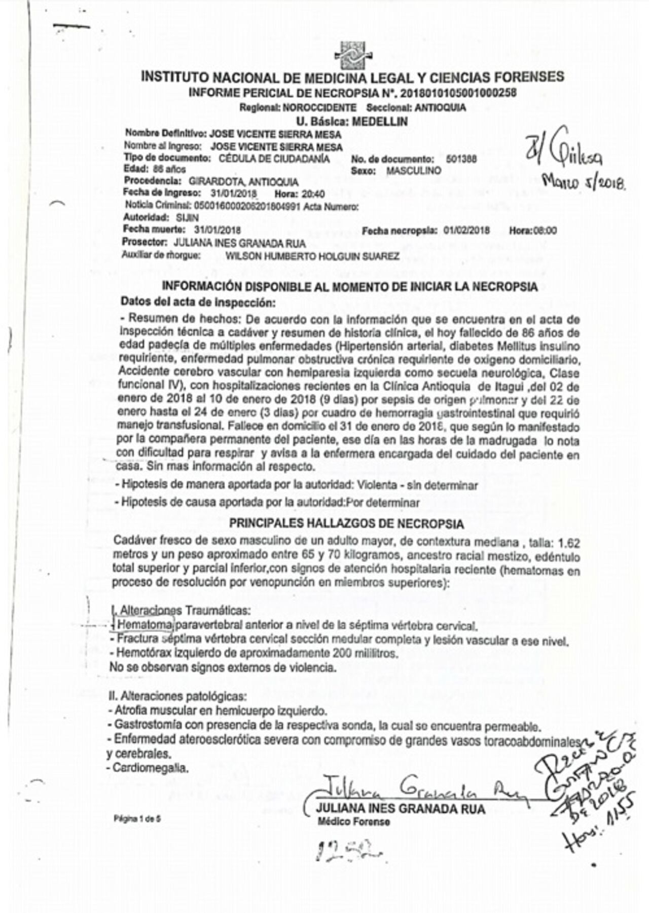 Informe de la necropsia del cuerpo de José Vicente Sierra.