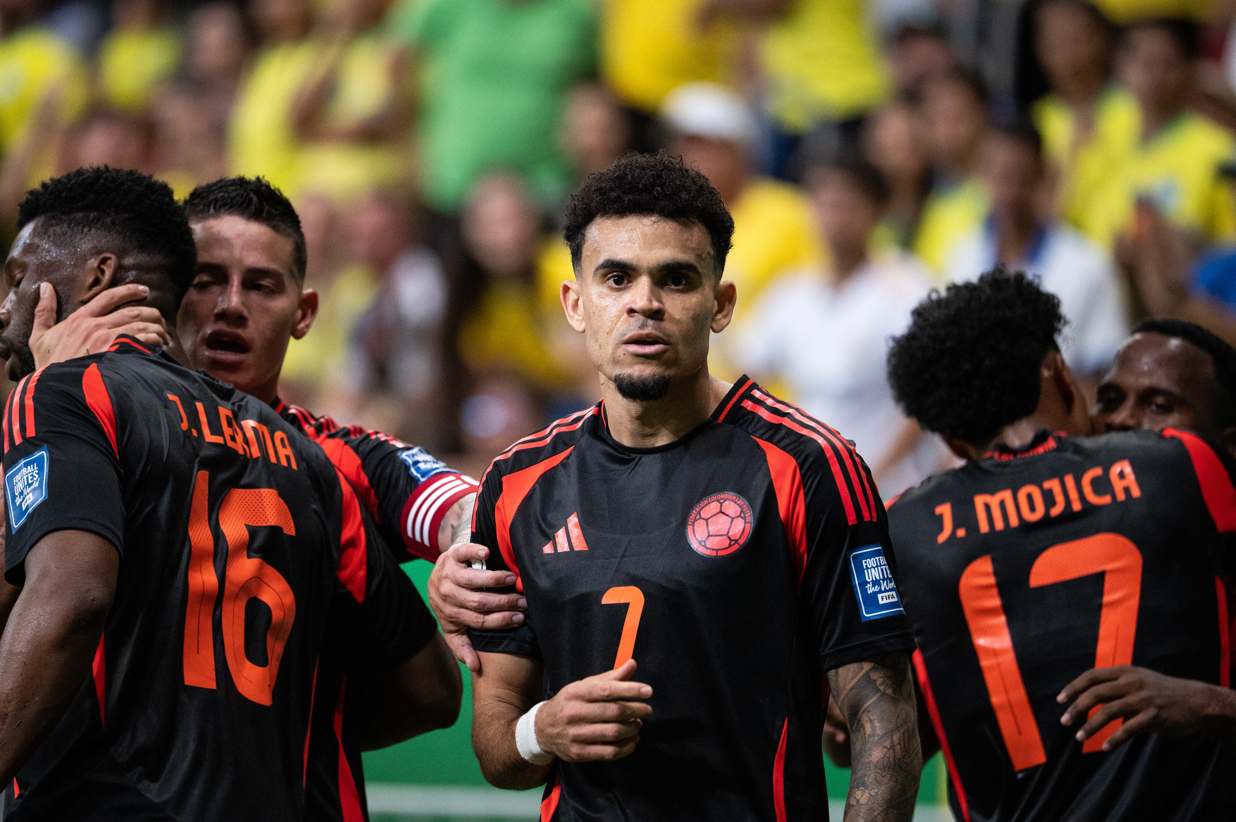 BRASILIA, BRAZIL - MARCH 20, 2025: Luis Diaz of Colombia celebrates after scoring his team's first goal during the FIFA World Cup 2026 Qualifiers match between Brazil and Colombia at Arena BRB Mane Garrincha. (Photo credit should read Rebeca Schumacker / GocherImagery/Future Publishing via Getty Images)