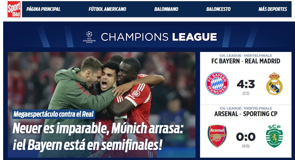 Sport Bild tiene la foto de Luis Díaz, celebrando su gol ante Real Madrid en Champions, abriendo en su página principal.