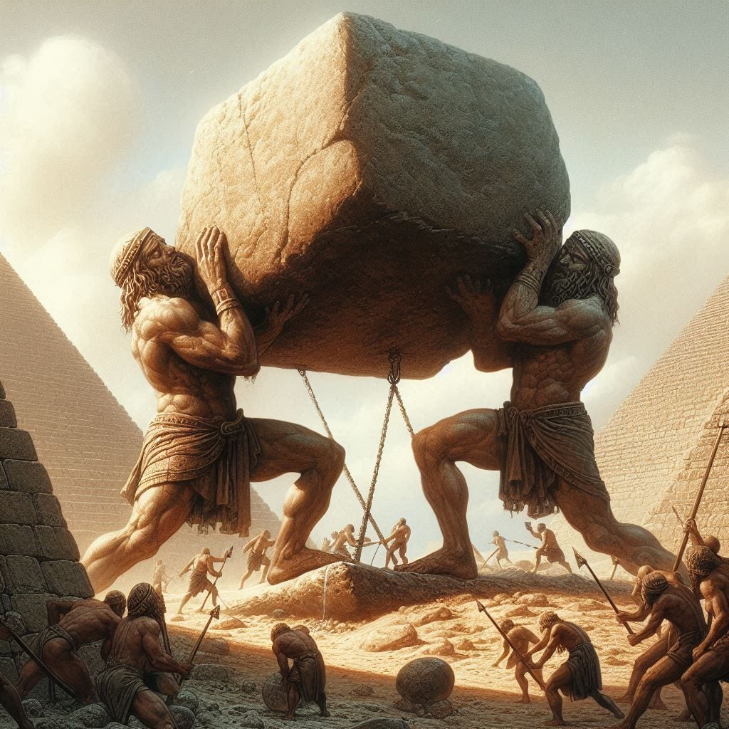 La inteligencia artificial ha producido ilustraciones sorprendentes que representan a gigantes trabajando en la construcción de las pirámides de Egipto, combinando elementos fantásticos con la rica historia de la arquitectura antigua.