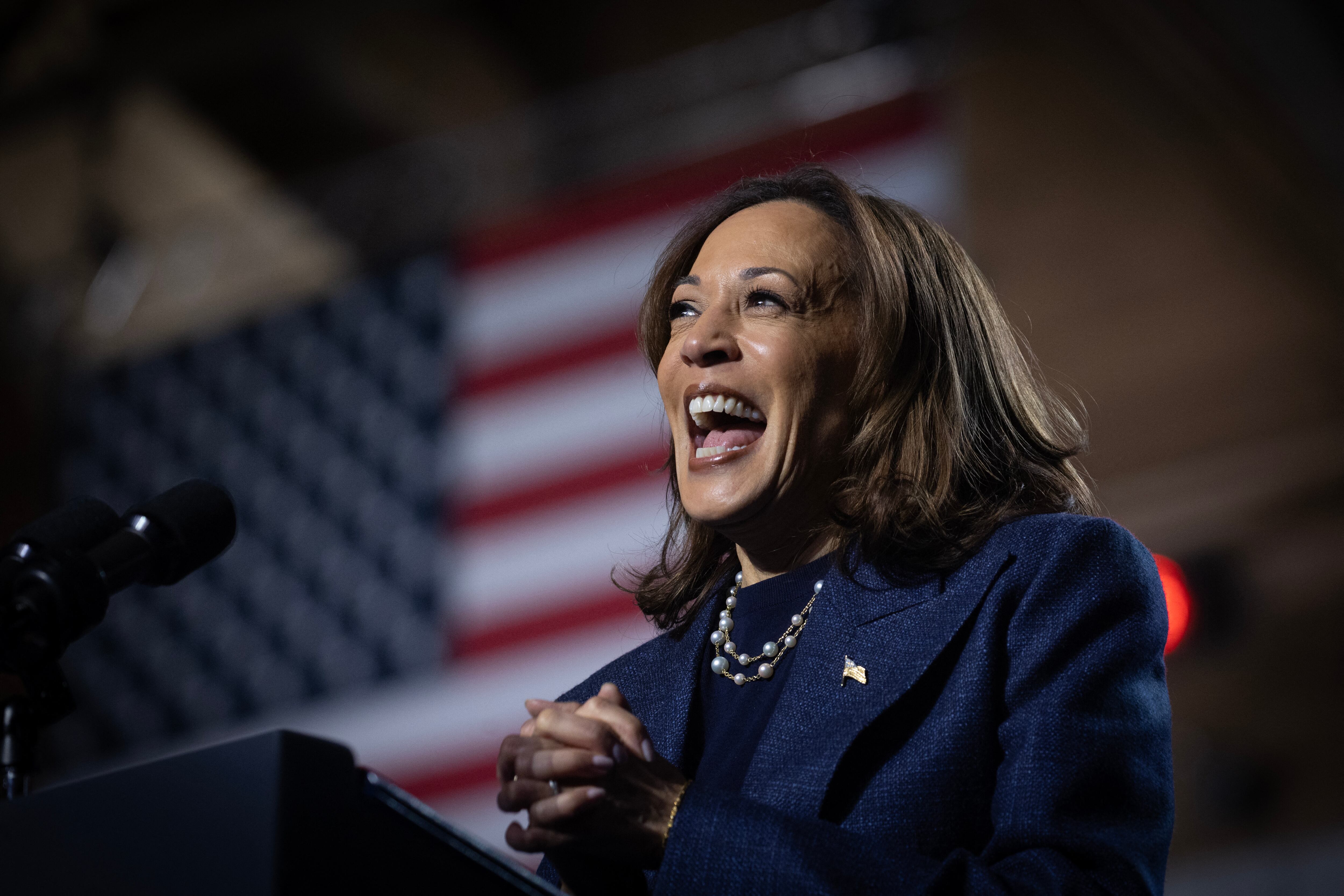 La vicepresidenta de Estados Unidos y candidata presidencial demócrata, Kamala Harris, sonríe durante un mitin de campaña en Jenison Field House de la Universidad Estatal de Michigan en East Lansing, Michigan, el 3 de noviembre de 2024.