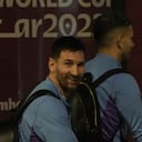 Lionel Messi of Argentina's national soccer team arrives with teammates at Hamad International airport in Doha, Qatar, Thursday, Nov. 17, 2022 ahead of the upcoming World Cup. Argentina will play the first match in the World Cup against Saudi Arabia on Nov. 22. (AP Photo/Hassan Ammar)