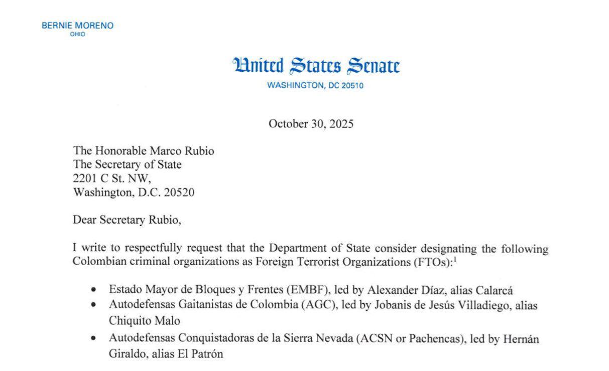 Carta emitida por el senador Bernie Moreno