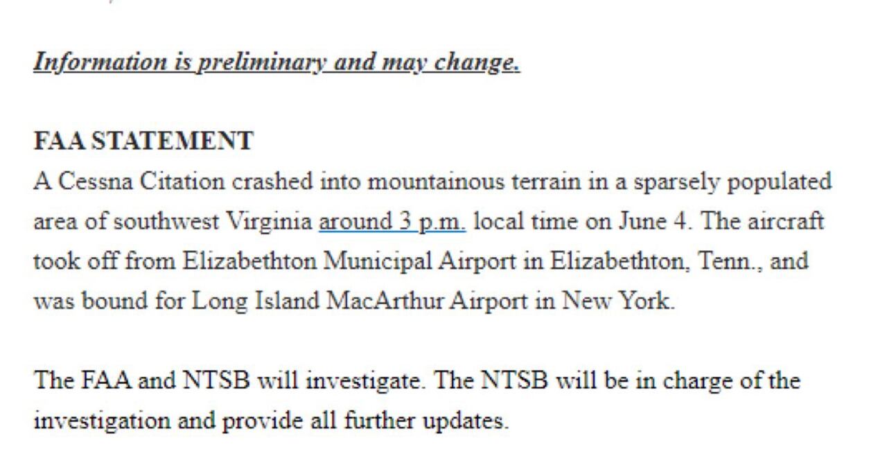 Avión se estrelló en las montañas de Virginia, Estados Unidos.