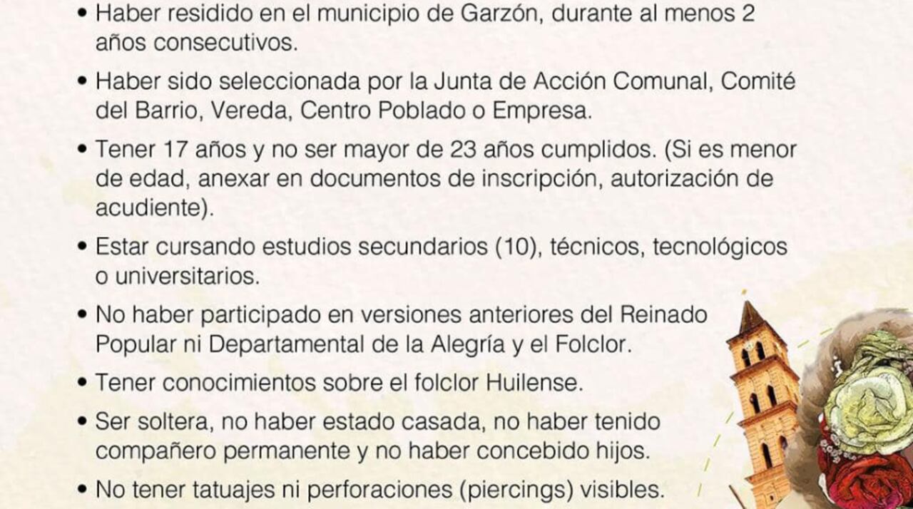 Parte de los requisitos para el reinado en el municipio de Garzón, Huila.
