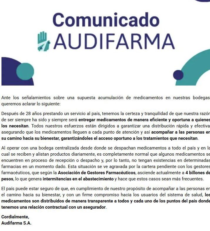 Audifarma se pronunció luego de que la Superintendencia de Salud encontrara un stock de medicamentos en una de sus bodegas en Bogotá.