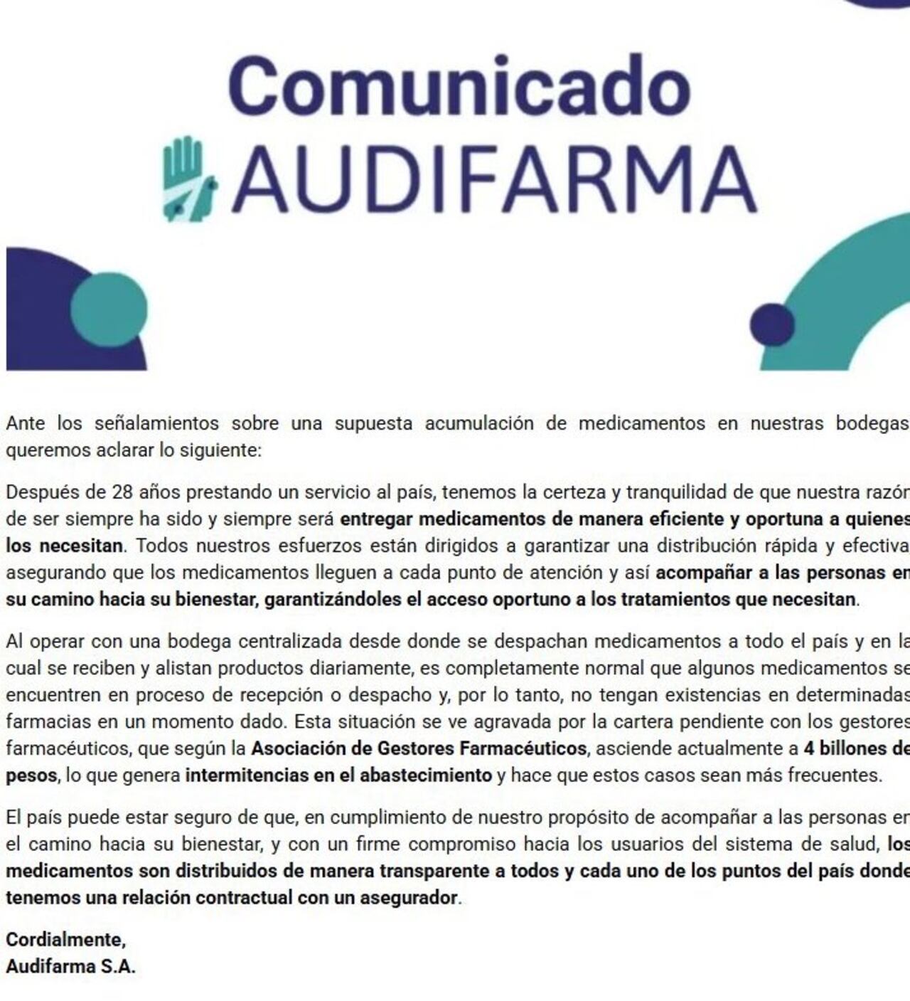 Audifarma se pronunció luego de que la Superintendencia de Salud encontrara un stock de medicamentos en una de sus bodegas en Bogotá.