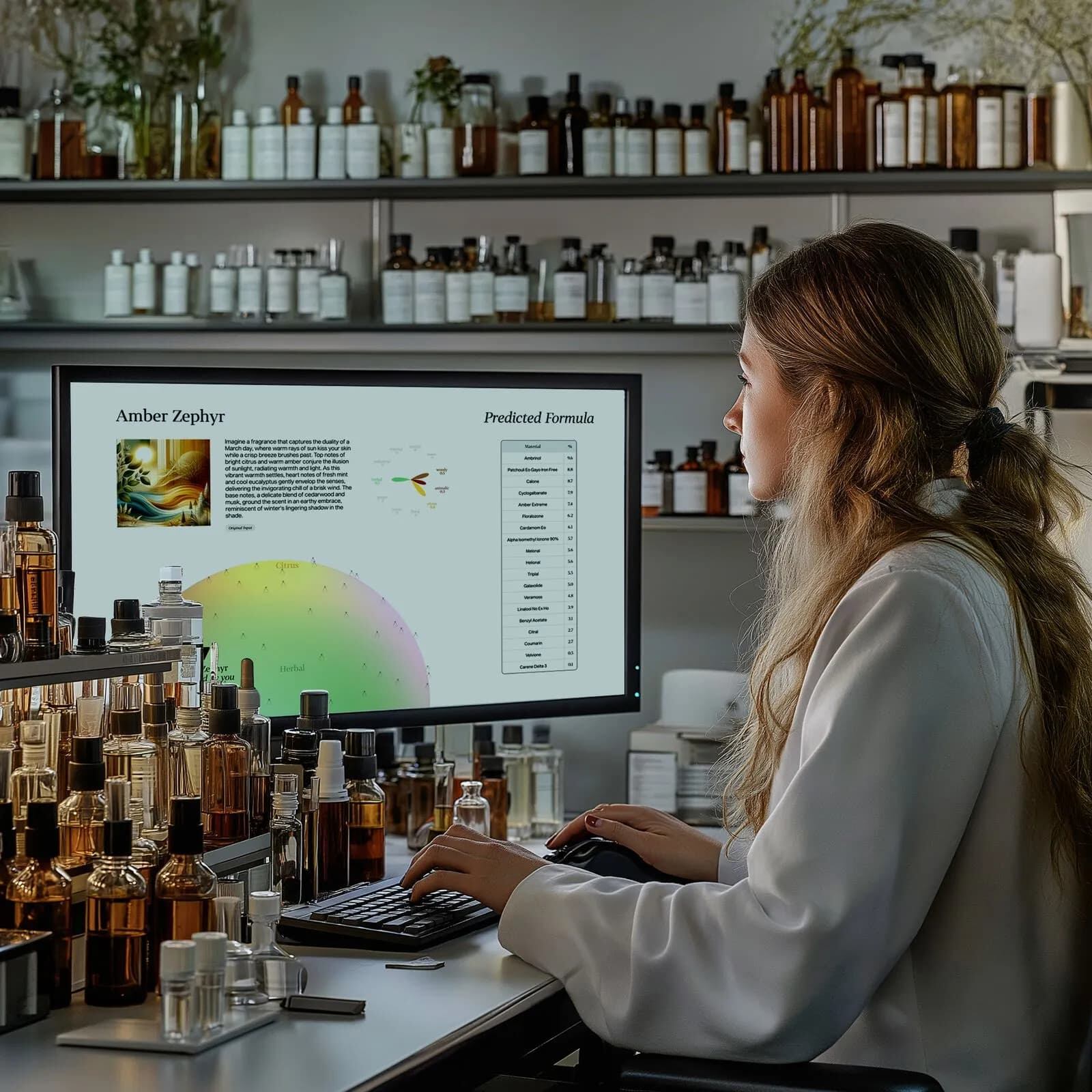 Perfumista de Osmo rodeada de botellas de fragancia creadas con inteligencia artificial, ilustrando la fusión entre experiencia humana y tecnología en la perfumería moderna