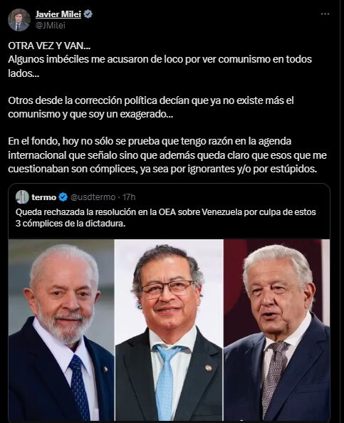 Publicación de Javier Milei en X.