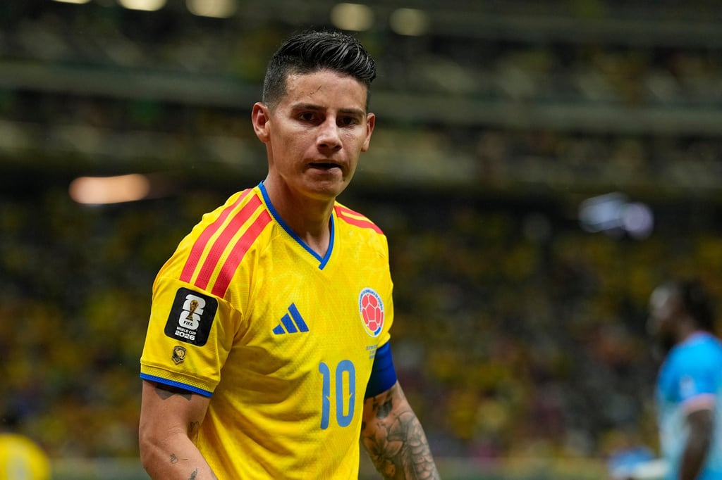 Colombia's James Rodriguez reacts during the World Cup Group K soccer match between Colombia and Congo in Zapopan, near Guadalajara, Mexico, Tuesday, June 23, 2026. (AP Photo/Ricardo Mazalan)