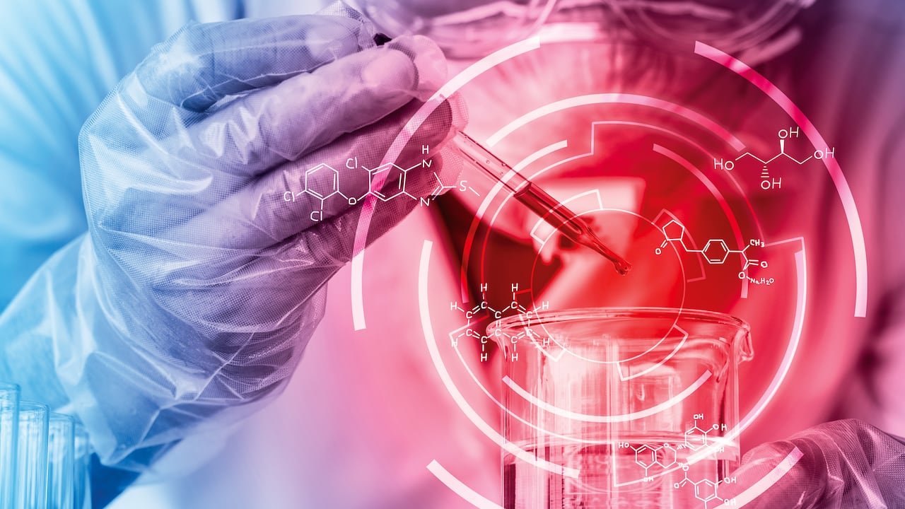 Digital Composite Image Of Molecular Structures With Scientist Doing Experiment In Lab