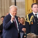 President Donald Trump gestures as Vice President JD Vance applauds during the 60th Presidential Inauguration in the Rotunda of the U.S. Capitol in Washington, Monday, Jan. 20, 2025. (Kevin Lamarque/Pool Photo via AP)
