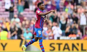 BARCELONA, SPAIN - SEPTEMBER 26: Ansu Fati of FC Barcelona celebrates after scoring their side's third goal during the LaLiga Santander match between FC Barcelona and Levante UD at Camp Nou on September 26, 2021 in Barcelona, Spain. (Photo by David Ramos/Getty Images)