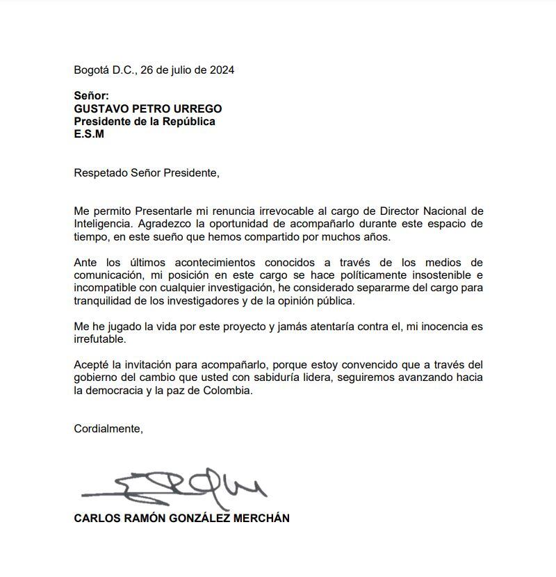 Carta de renuncia Carlos Ramón González