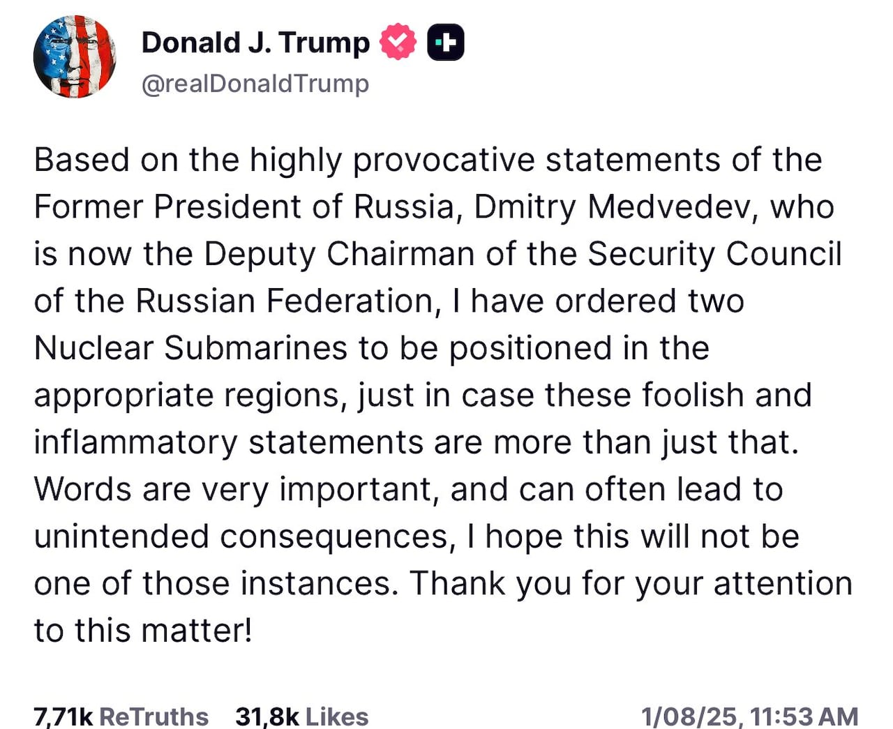 Pronunciamiento de Donald Trump en Truth